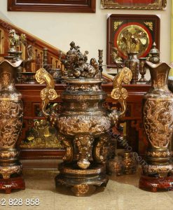 ĐỈNH RỒNG NỔI ĐỒNG ĐỎ CẠO MÀU 1m4 VÀ ĐÔI LỌ ĐỒNG ĐỎ 1M2